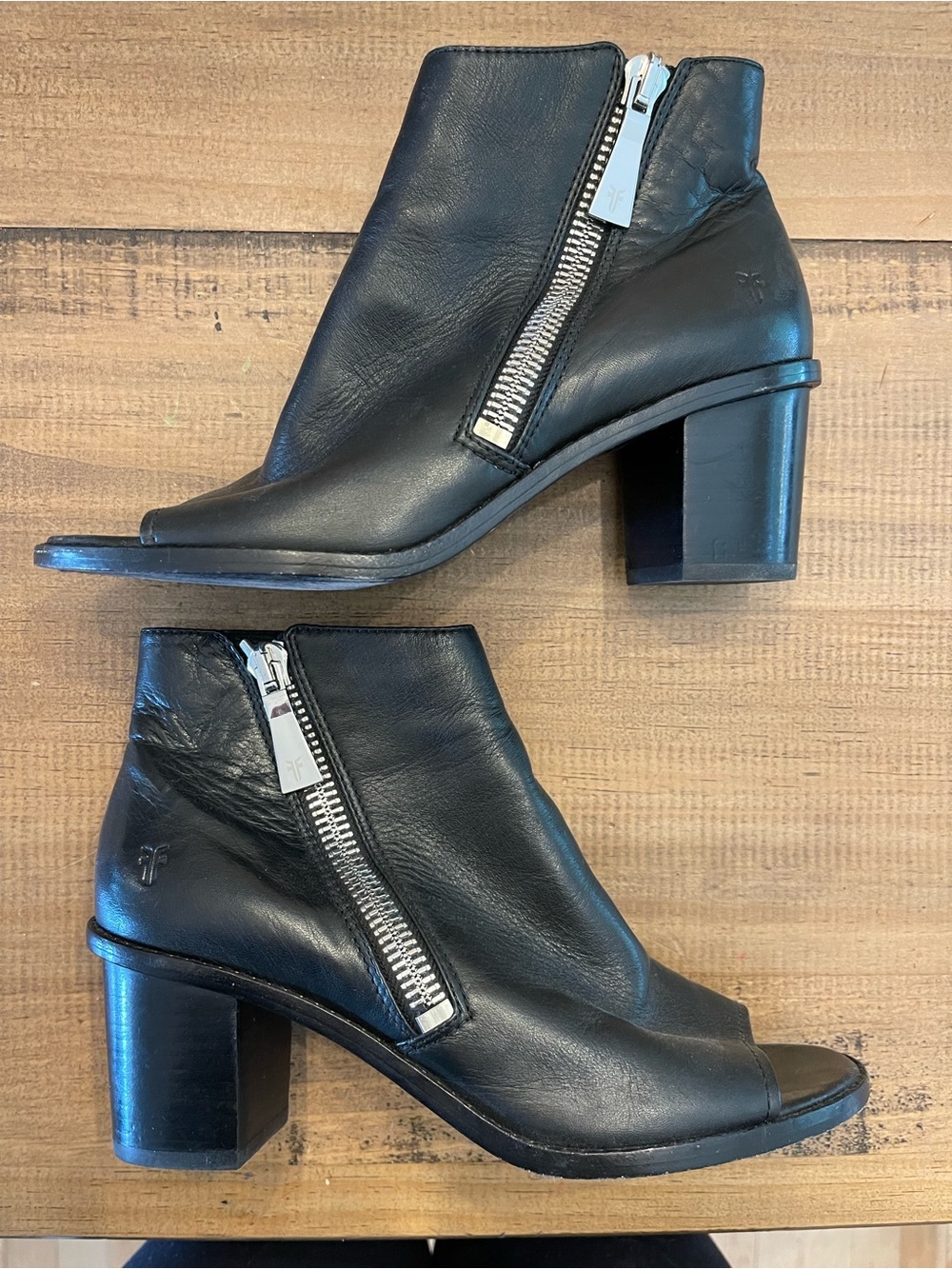 Frye Black Leather Peep-Toe Side-Zip Block Heel Ankle Booties
